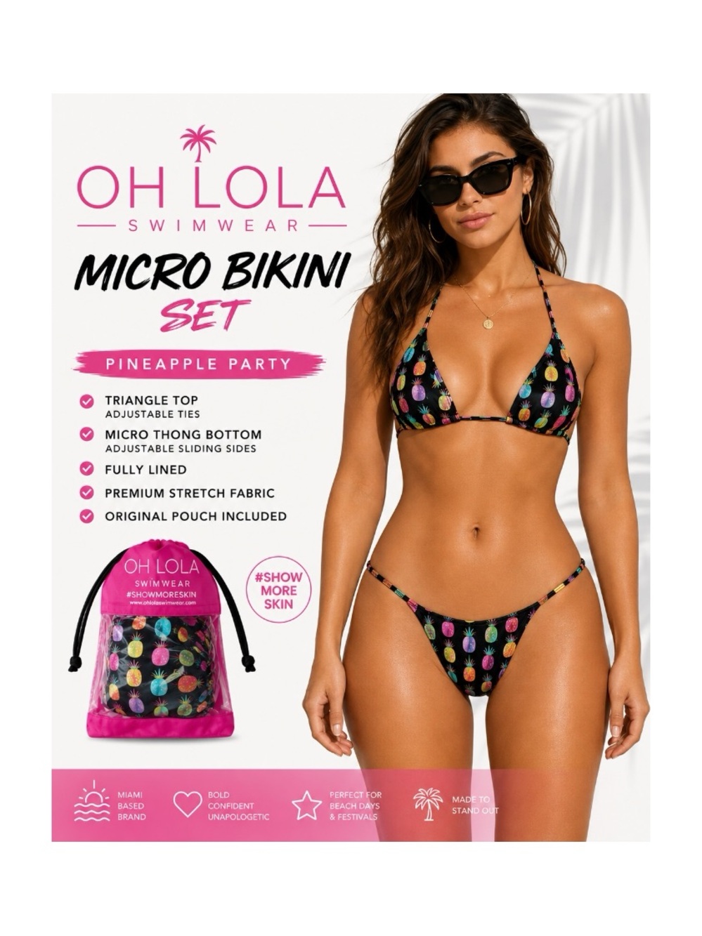 Oh Lola Swimwear Pineapple Party Micro Bikini Set w/ Pouch | Size Small